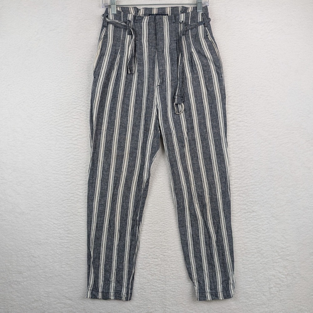 Abercrombie & Fitch Womens Pants Blue White Size S Striped Belted Linen Blend